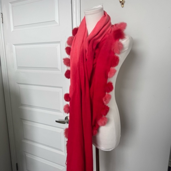 Red and Pink Scarf with rabbit fur Pom-Poms y2k glam - Picture 4 of 7